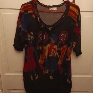 Funky People Black Sweater Dress with pockets XL Neckline Embroidery Vintage 80